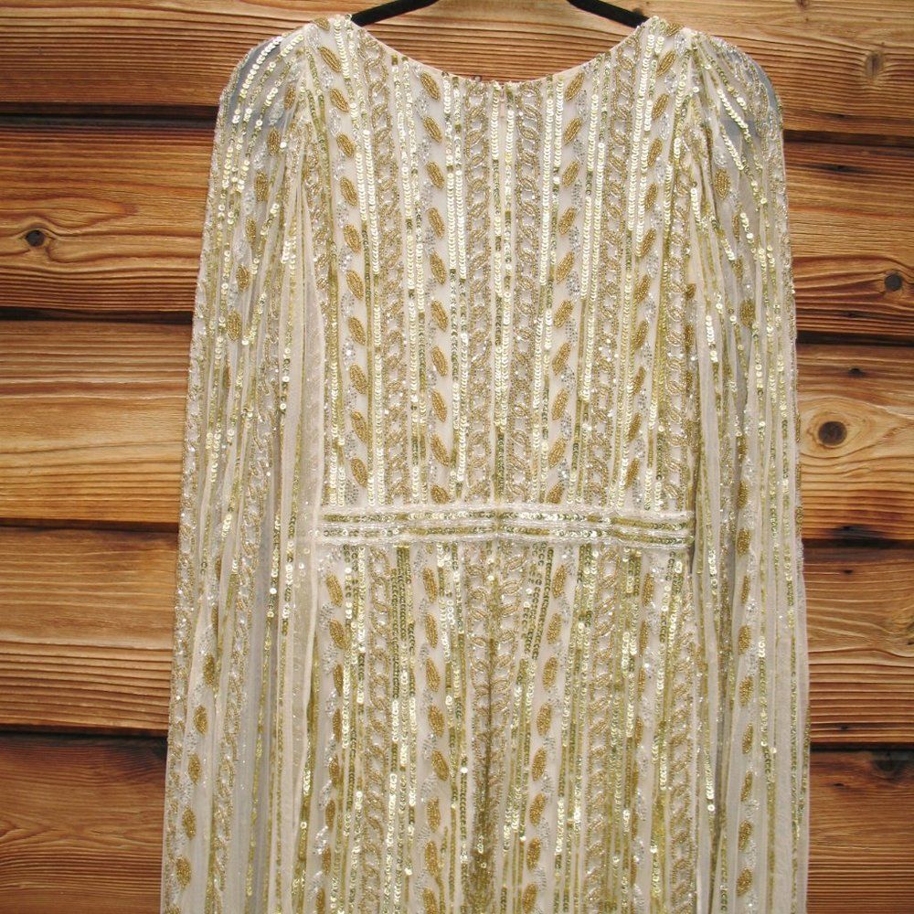NWT Mac Duggal 5915 SEQUINED V-NECK GOWN Dress WITH CAPE SLEEVES Nude Silver 8 - Picture 11 of 15